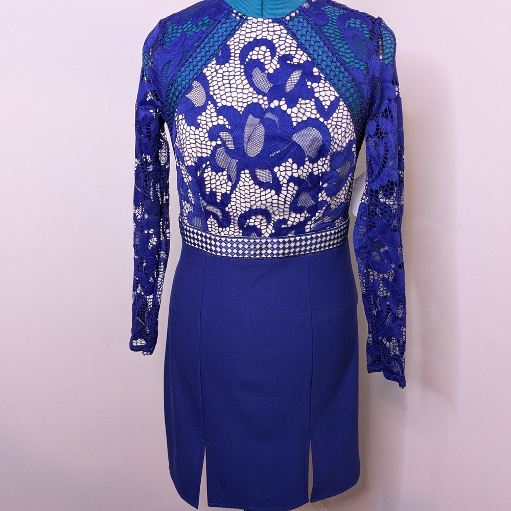 NWT Little Mistress Royal Blue Lace Open-Back Long Sleeve Dress